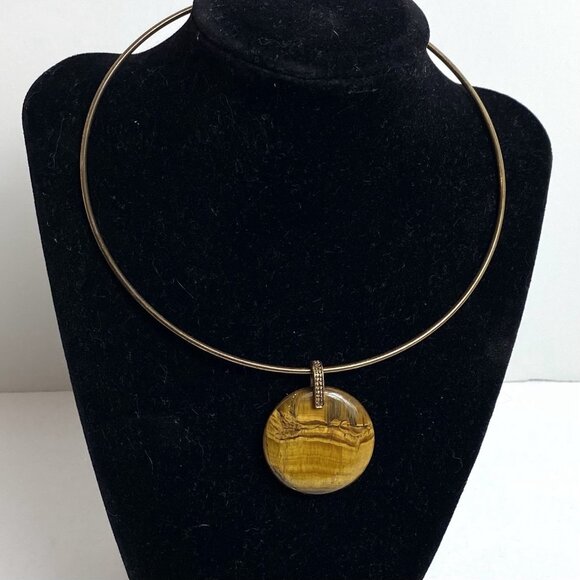 RMN Tigers Eye Wire Necklace Choker Round Pendant Aged Brass Finish Boho Hippie - Picture 2 of 7